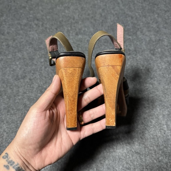 VTG Y2K Derek Lam Womens 8.5 Leather Strap Wooden Heels Pink Black Made in Italy - Picture 5 of 10